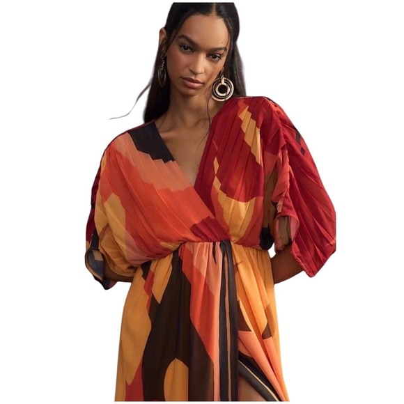 Farm Rio Anthropologie Maxi‎ Dress Pleated Sleeves Luxury Boho Resort Outfit S - Picture 7 of 8